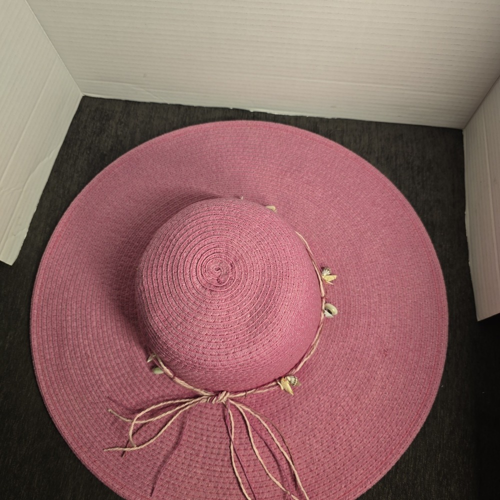 Jacobson Hat Company Pink Straw Sun Hat Wide Brim Seashell Beach Floppy Hat - Picture 5 of 6